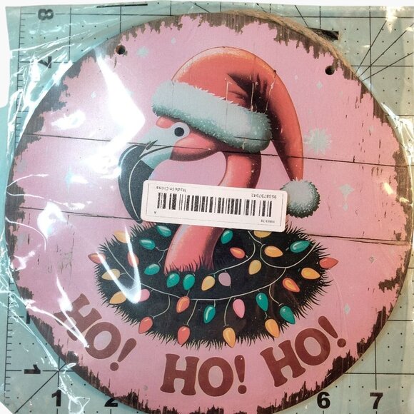 Flamingo Christmas Wall Sign Santa Hat Lights  Round Pink Wood - Picture 2 of 6